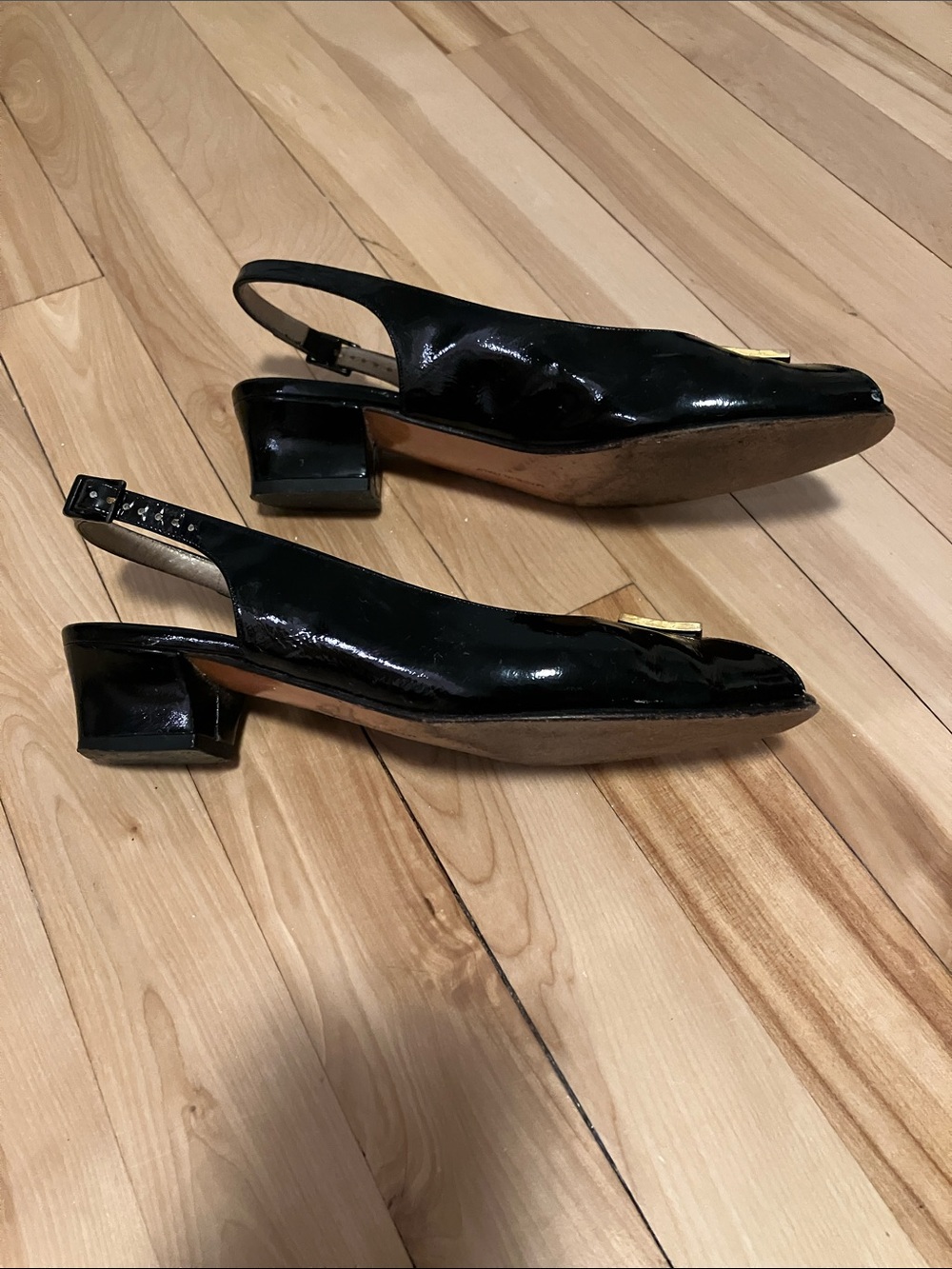 Salvatore Ferragamo Black Patent Slingback Peep-toe Pumps with Gold Buckle - Picture 4 of 15